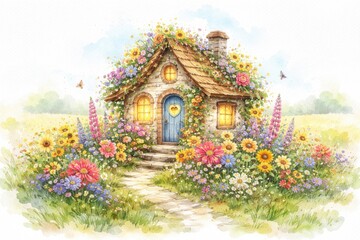 Fototapeta premium Whimsical miniature watercolor house with vibrant flowers on white backdrop summer field