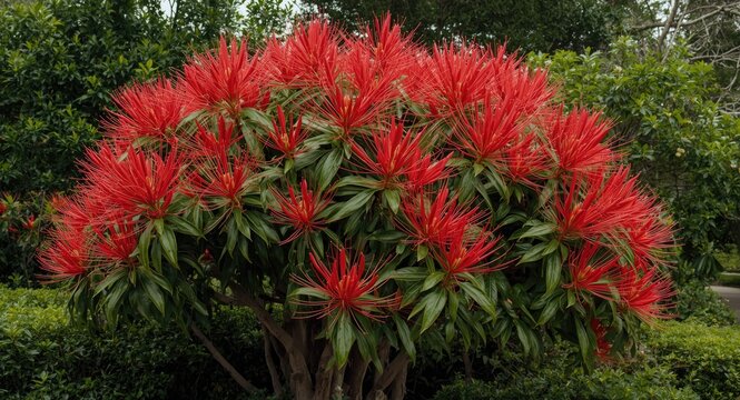Dynamic crimson flowers flowering on a lush Parrot Tree amid rich green natural shrubbery