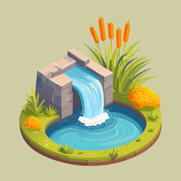 Scenic garden pond with a small waterfall over stones and reeds for backyard landscape architecture and nature themed decoration projects