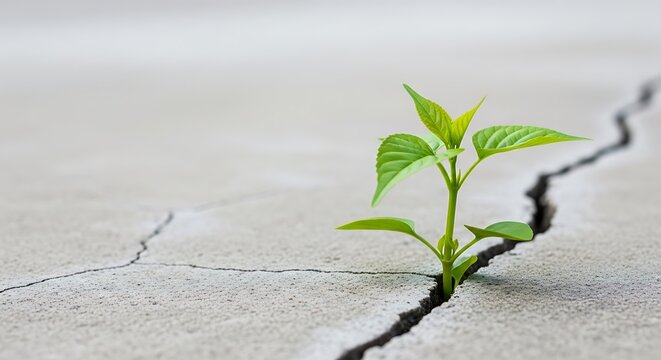 Small green sprout growing through a crack in concrete pavement symbolizing resilience