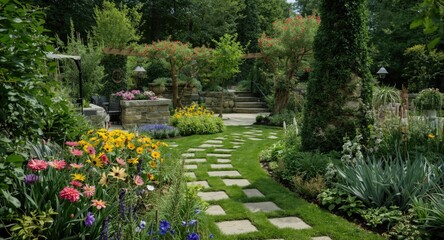 Fototapeta premium Innovative garden layout highlighting brilliant flowers and sophisticated trails ideal for outdoor fun and gatherings
