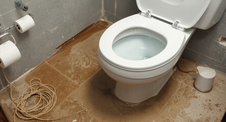 Fototapeta premium Toilet overflowing due to drain blockage causing water leakage
