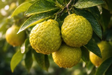 Fototapeta premium Close up view of ripe bergamot oranges hanging on citrus tree branch