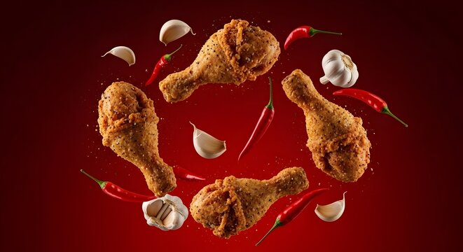 Tiga paha ayam goreng krispi dengan cabai merah bawang putih dan lada hitam yang melayang di udara