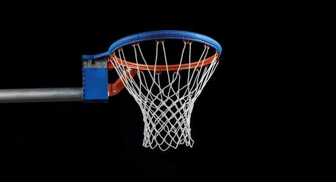 Sports netball hoop with blue padded rim and nylon mesh net mounted on metal pole isolated on black backdrop for fitness visuals