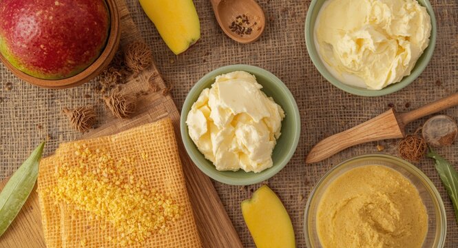 Top view composition of natural mango butter and fresh mango fruit for organic cosmetic spa skincare