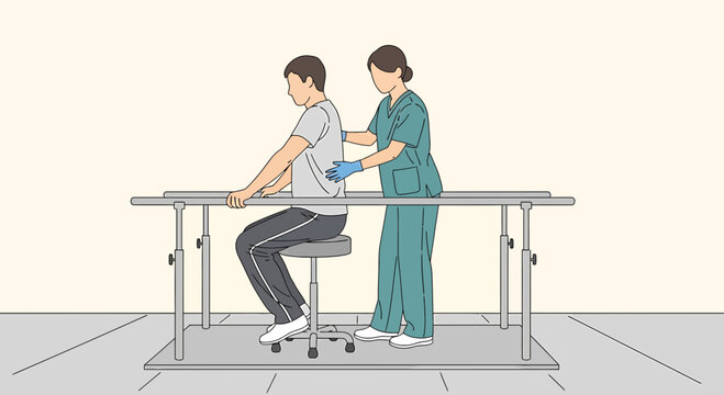 Physical therapist assisting patient with seated exercise using parallel bars for support