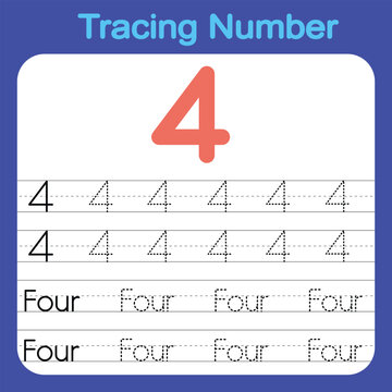 Trace and write the word four. Alphabet and number tracing worksheets for preschool  children.