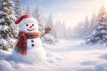 Fototapeta premium Cheerful Snowman Waving in Snowy Winter Landscape with Blank Space for Text