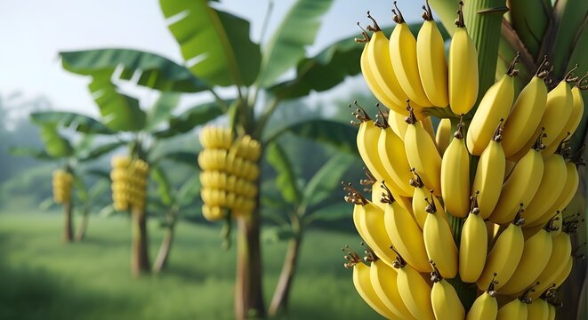 Pemandangan barisan pohon pisang di perkebunan yang subur dengan fokus pada tandan pisang kuning di depan