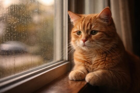 Sad orange cat looking through window missing owner on quiet afternoon