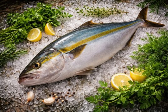 Amberjack Fish Displayed on Crushed Ice with Fresh Herbs and Lemon Slices