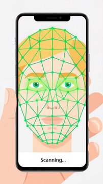 Flat vector data protection multi factor concepts. Hand holding modern smartphone showing flat vector neutral face undergoing biometric scan for multi factor authentication and advanced data