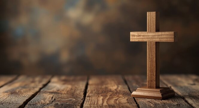 solid wooden cross upright on a vintage rustic table with visible wood knots