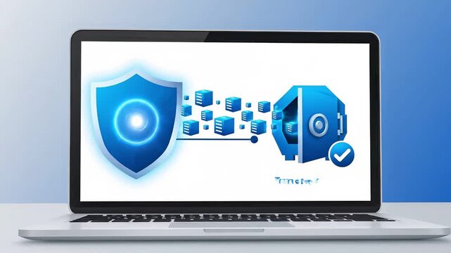Flat vector data protection multi factor concepts. Modern flat vector graphic laptop screen displaying secure data protection progress transfers vault shields multi factor cyber network safety threats
