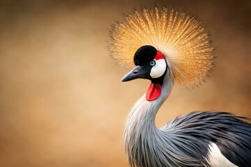 Fototapeta premium Graceful African crowned crane displaying bright crest on a simple background with copy space