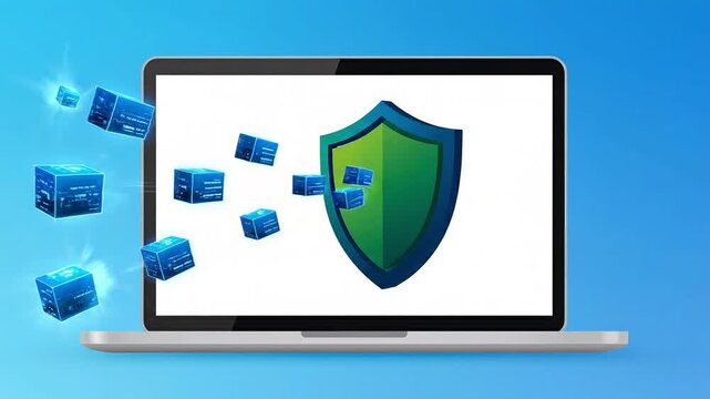 Flat vector data protection multi factor concepts. Secure flat vector illustration confident data protection multi factor authentication laptop screen shield graphic defending safe online cyber