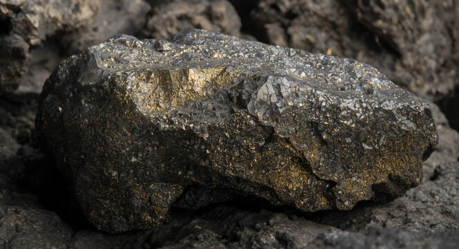 Textured mineral stone with golden highlights against a rugged backdrop