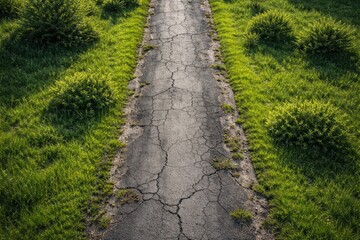 Obraz premium Aerial perspective of weathered cracked pavement bordered by vibrant green grass and scattered small bushes