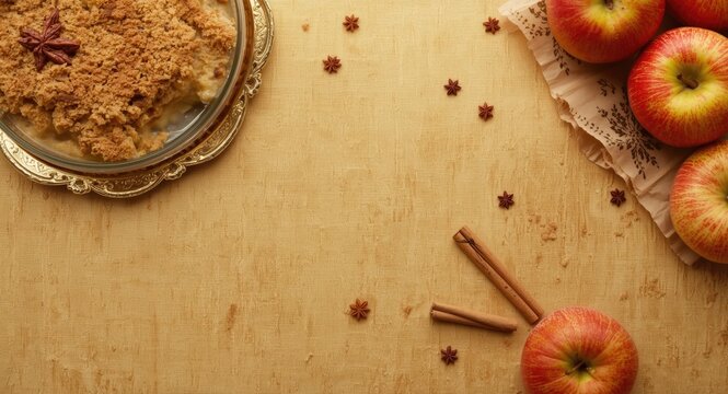Traditional apple crumble with cinnamon spices served on a lavish gold table