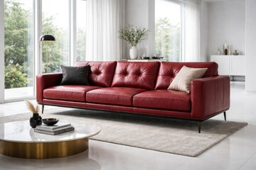 Fototapeta premium Elegant red leather couch on pristine white floor in modern living room