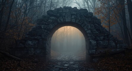 Naklejka premium Stone arch portal glowing faintly in misty autumn woodland closeup magical passage