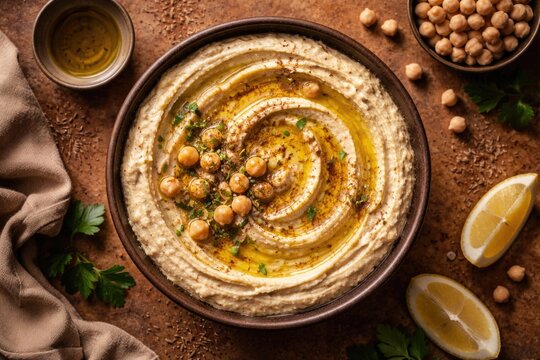 Top down view of creamy hummus drizzled with olive oil and sprinkled cumin served with chickpeas on warm brown background