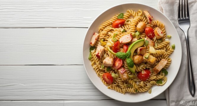 Colorful chicken pasta salad with fresh avocado tomato and olive oil vinegar dressing served on white wood table with copy space