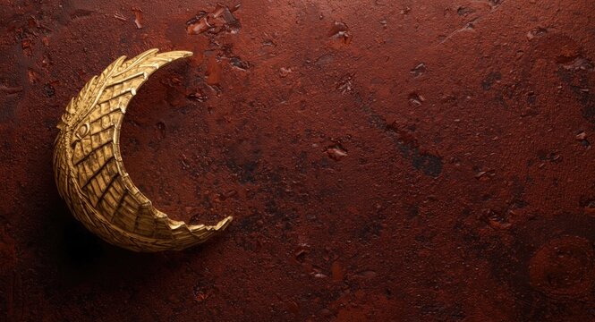 Detailed golden snitch replica on a richly textured surface accompanied by copy space