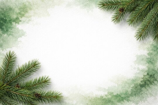 Pine Branches Framing Green Watercolor Texture on White Background