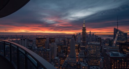 Obraz premium Evening city skyline with dramatic sunset from a high balcony perfect for real estate ads