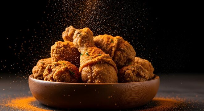 Tumpukan paha ayam goreng tepung yang renyah di dalam mangkuk kayu dengan taburan bumbu rempah