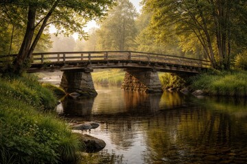 Obraz premium Old wooden bridge crossing calm river in rural natural setting