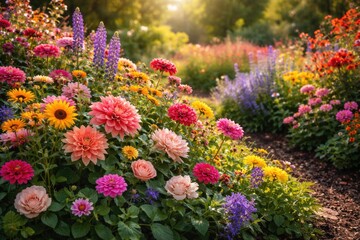 Fototapeta premium Vibrant flowers blooming in a lush garden bed