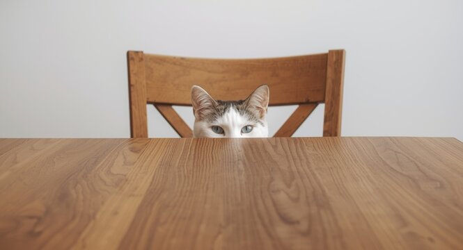 Engaged white cat with striking patterns gazing from behind wooden dining table