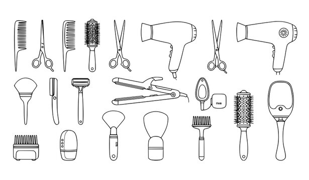 Hairdressing tools set &ndash; scissors, comb, hairdryer and styling equipment vector