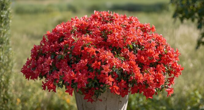 Vibrant abelia bush in flower container with shallow depth of field on plain backdrop