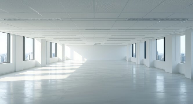 Overhead tilt shift perspective of empty modern white office interior for lease