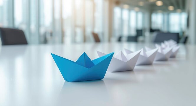 Join us invitation showed by blue paper boat leading white paper ship fleet job opening theme