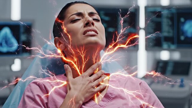 Middle Eastern Woman In Pale Pink Top Experiencing Throat Pain With Electric Effects In A Medical Setting With Monitors