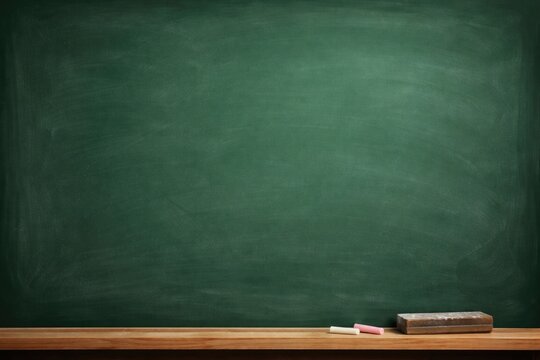 Empty Green Chalkboard with Wooden Shelf and White Chalk