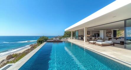 Fototapeta premium Modern luxury beach house equipped with an elegant pool and extensive terrace alongside a spacious living room and captivating ocean perspective