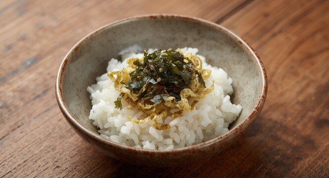 Simple rice presentation with seaweed shreds and plant infused furikake