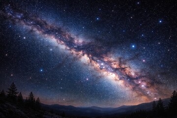 Fototapeta premium Galactic Sky with Milky Way Band Over Mountain Landscape at Night