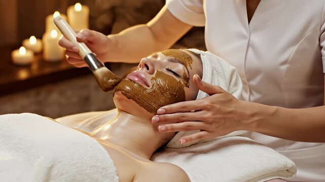 Professional application of warm mud mask to woman's face in spa with soft candle lighting and white towels, promoting relaxation and skincare treatments
