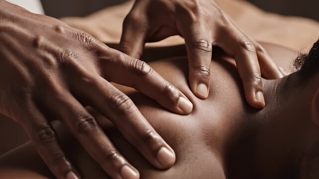 Professional hands apply deep tissue massage focusing on shoulder muscles with oil for relaxation and therapeutic benefits