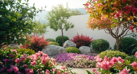 Fototapeta premium Rock garden design with flowering shrubs and trees on white background for professional landscaping