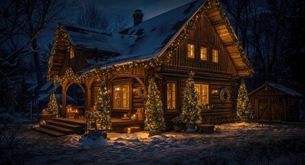 Fototapeta premium Rustic winter cottage fully adorned with Christmas decorations indoors and outside festive nighttime