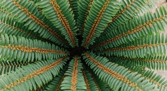 Overhead view of fern fronds displaying spores in symmetrical pattern