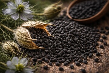 Fototapeta premium Close up of black cumin seeds from Nigella sativa plant